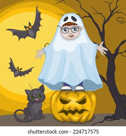 Little Ghost And Pumpkin, Halloween Background, Eps 10 Vector Illustration