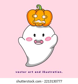 The little ghost put a pumpkin on his head. Cartoon vector art and illustration. of Halloween.