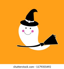 
Little ghost riding broom on Halloween, witch