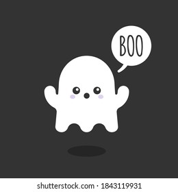 Little ghost saying "Boo".Cute character. Happy Halloween. Vector illustration, flat design