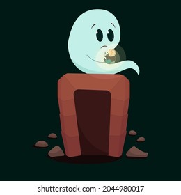 a little ghost sits at the entrance with a firefly in the night