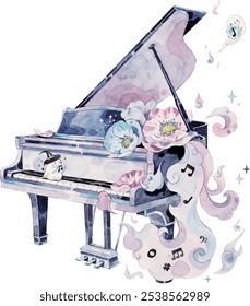 A little ghost walks on a magical piano with flowers and musical symbols on it