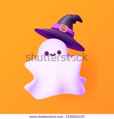 A little ghost wearing a witch hat Halloween stuff. 3D vector character.
