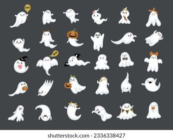 Little ghosts. Facial expressions of creepy happy ghosts recent vector pictures set