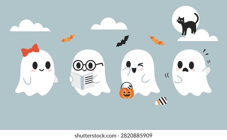 Little ghosts playing with halloween objects under the moonlight with a black cat on a cloud.