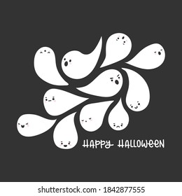 Little ghosts swarming drop-shaped. Cute characters. Happy Halloween lettering. Vector illustration, flat design