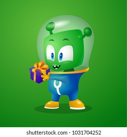 Little gift for green alien, martian in a spacesuit