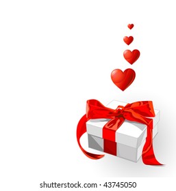 Little gift with red bow and flying hearts