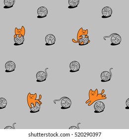 Little ginger cat is playing with wool balls. Children seamless vector pattern. Cute character design. Set of graphic elements for kids. Cartoon hand drawn style. Wrapping, package, textile design.