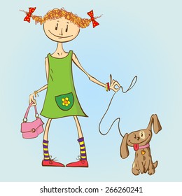 Little ginger girl in a green dress with a handbag walks her puppy