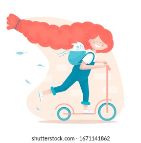 A little ginger girl with long hair braid is riding a scooter with a white cat in her backpack. Vector illustration in cartoon style. 