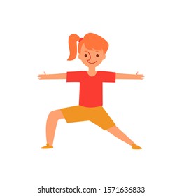 Little ginger girl in yoga pose, cartoon child in warrior position stretching arms and legs, fitness and health class student doing exercise for healthy lifestyle - flat isolated vector illustration