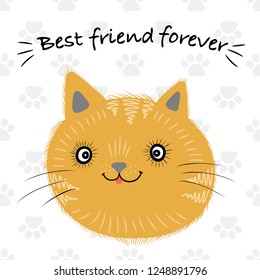 Little ginger kitten. Best friend forever text. Vector isolated illustration