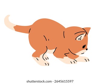 Little ginger kitten playing. Cute fluffy domestic pet. Animal cat. Cartoon vector illustration isolated on white background