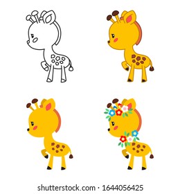 Little giraffe. 4 illustrations of cute giraffes: black-n-white, outlined, flat and decorated with flowers. Vector 8 EPS.