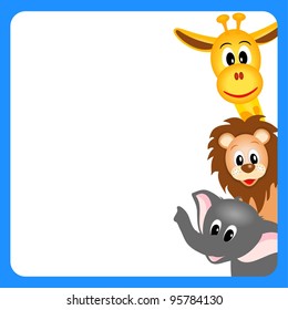 little giraffe, elephant and lion on white background in blue  border - vector illustration