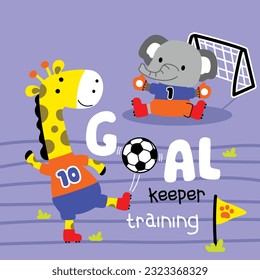 a little giraffe and elephant playing soccer funny cartoon