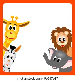 little giraffe, elephant, zebra and lion on white background in red  border - kid vector illustration