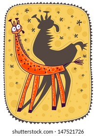 Little giraffe fearfully looking at his shadow. Yellow background with bright yellow spheres.