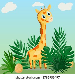 little giraffe in the grass. Vector illustration