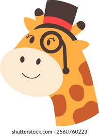 Little giraffe with hat and monocle.cartoon doodle