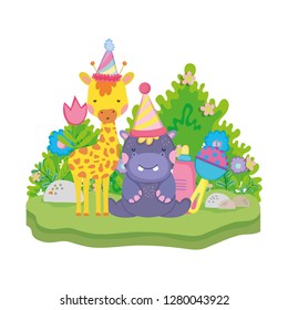 little giraffe and hippo with party hats