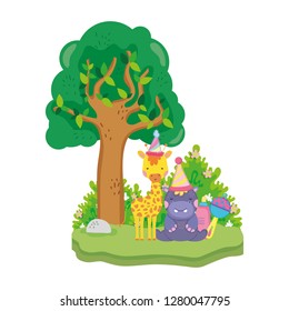 little giraffe and hippo with party hats