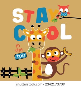 a little giraffe and monkey in the zoo funny cartoon