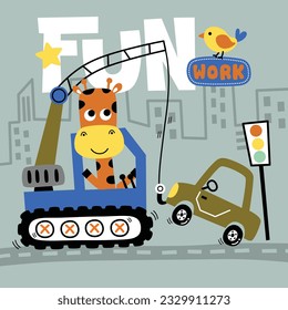 a little giraffe on the crane funny animal cartoon