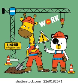 little giraffe and little panda in the work zone funny animal cartoon