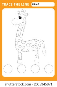 little giraffe. Preschool worksheet for practicing fine motor skills - tracing dashed lines. Tracing Worksheet. Illustration and vector outline - A4 paper ready to print.