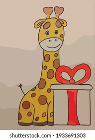 little giraffe sits next to a huge gift