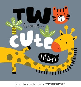 a little giraffe and tiger funny animal cartoon