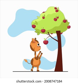 little giraffe wants to get a red apple from a tall tree
