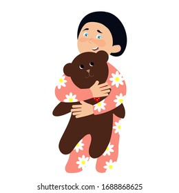little girl, 2-3 years old, in pajamas with a big teddy bear in her arms, getting ready for bed or waking up.  the baby is smiling.  white isolate.  vector.  apply this for any baby products