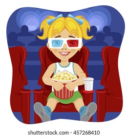 little girl with 3d glasses holding popcorn sitting on chair in cinema