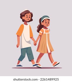 little girl abd boy holding hands cute brother and sister walking together cartoon characters