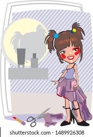 The little girl in the absence of her mother dressed up in her mother’s shoes, put on makeup and dressed. Fictional characters and story.