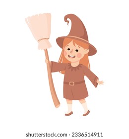 Little Girl Actress in Theater Costume of Witch with Broom Showing Performance Vector Illustration