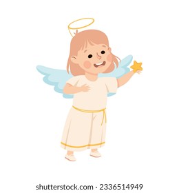 Little Girl Actress in Theater Costume of Angel with Wings and Nimbus Showing Performance Vector Illustration