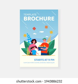 Little girl admiring puppies. Man showing box of cute dogs to mother and daughter flat vector illustration. Pet adoption, animal care, family concept for banner, website design or landing web page