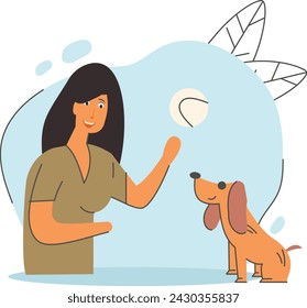 La niña entrena adorablemente a su perro para hacer trucos concepto, diseño vectorial de susurro de perro, símbolo de estar sentado cuidado de mascotas, abordaje y entrenamiento de animales Signo, mamíferos y amistad humana ilustración de stock