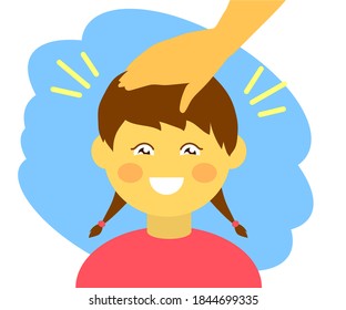 Little Girl And Adult Support. Pat Your Child On The Head. Cartoon. Vector Illustration.