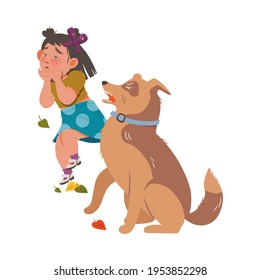 Little Girl Afraid of Dogs Dodging with Terror Vector Illustration