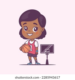 Little girl, African American female basket player holding a ball vector cartoon illustration in chibi style