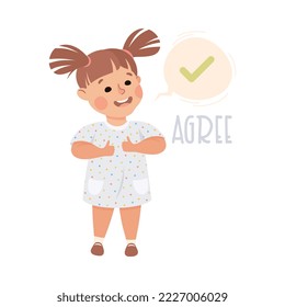 Little Girl Agree Showing Thumb Up Demonstrating Vocabulary and Verb Studying Vector Illustration