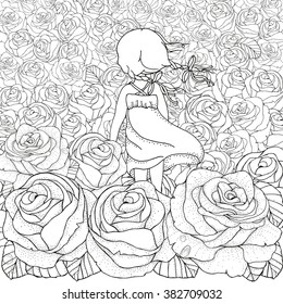 Little girl alone. Many roses. Wind blows. Pattern for coloring book. Floral, retro, doodle, vector, design element. Black and white background. Zentangle