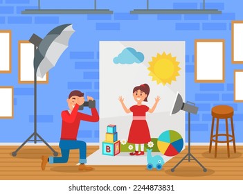 Little Girl Among Toys at Photo Shoot or Photo Session Posing In front Of Camera Vector Illustration