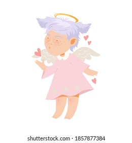 Little Girl Angel with Nimbus and Wings Sending Heart and Kisses Vector Illustration