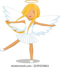 Little girl angel with outstretches arms. Happy kid in costume with wings and halo for party, theatrical production, performance.